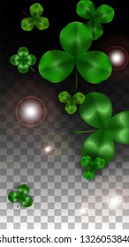 Vector Clover Leaf  Isolated on Transparent Background with Space for Text. St. Patrick's Day Illustration. Ireland's Lucky Shamrock Poster. Banner for Irish Party Flatlay.  Success Symbols.