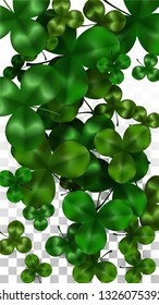 Vector Clover Leaf  Isolated on Transparent Background with Space for Text. St. Patrick's Day Illustration. Ireland's Lucky Shamrock Poster. Banner for Irish Party Top View.  Success Symbols.