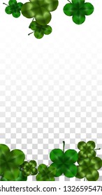 Vector Clover Leaf  Isolated on Transparent Background with Space for Text. St. Patrick's Day Illustration. Ireland's Lucky Shamrock Poster. Invintation for Irish Party Flatlay.  Success Symbols.