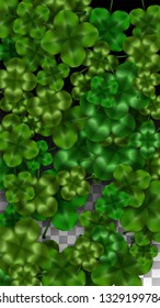 Vector Clover Leaf  Isolated on Transparent Background with Space for Text. St. Patrick's Day Illustration. Ireland's Lucky Shamrock Poster. Banner for Irish Party Top View.  Success Symbols.