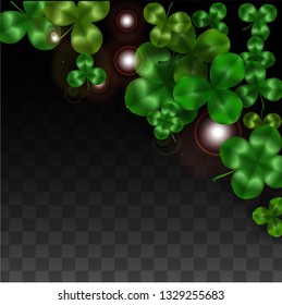 Vector Clover Leaf  Isolated on Transparent Background with Space for Text. St. Patrick's Day Illustration. Ireland's Lucky Shamrock Poster. Banner for Concert in Pub. Flatlay.  Success Symbols.