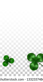 Vector Clover Leaf  Isolated on Transparent Background with Space for Text. St. Patrick's Day Illustration. Ireland's Lucky Shamrock Poster. Banner for Irish Party Top View.  Success Symbols.