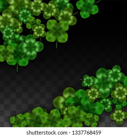 Vector Clover Leaf  Isolated on Transparent Background with Space for Text. St. Patrick's Day Illustration. Ireland's Lucky Shamrock Poster. Invintation for Concert in Pub. Top View.  Success Symbols.