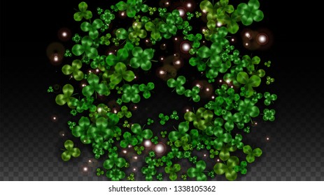 Vector Clover Leaf  Isolated on Transparent Background with Space for Text. St. Patrick's Day Illustration. Ireland's Lucky Shamrock Poster. Invintation for Concert in Pub. Flatlay.  Success Symbols.