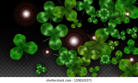Vector Clover Leaf  Isolated on Transparent Background with Space for Text. St. Patrick's Day Illustration. Ireland's Lucky Shamrock Poster. Banner for Concert in Pub. Flatlay.  Success Symbols.