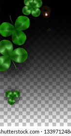 Vector Clover Leaf  Isolated on Transparent Background with Space for Text. St. Patrick's Day Illustration. Ireland's Lucky Shamrock Poster. Banner for Irish Party Top View.  Success Symbols.