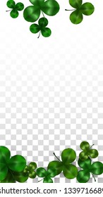 Vector Clover Leaf  Isolated on Transparent Background with Space for Text. St. Patrick's Day Illustration. Ireland's Lucky Shamrock Poster. Banner for Irish Party Flatlay.  Success Symbols.