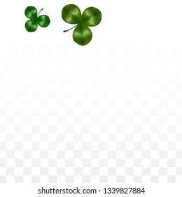 Vector Clover Leaf  Isolated on Transparent Background with Space for Text. St. Patrick's Day Illustration. Ireland's Lucky Shamrock Poster. Invintation for Irish Party Flatlay.  Success Symbols.