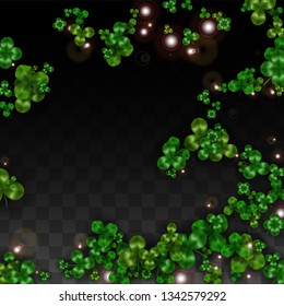 Vector Clover Leaf  Isolated on Transparent Background with Space for Text. St. Patrick's Day Illustration. Ireland's Lucky Shamrock Poster. Banner for Irish Party Top View.  Success Symbols.