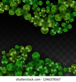Vector Clover Leaf  Isolated on Transparent Background with Space for Text. St. Patrick's Day Illustration. Ireland's Lucky Shamrock Poster. Invintation for Irish Party Flatlay.  Success Symbols.
