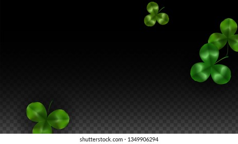 Vector Clover Leaf  Isolated on Transparent Background with Space for Text. St. Patrick's Day Illustration. Ireland's Lucky Shamrock Poster. Banner for Irish Party Top View.  Success Symbols.