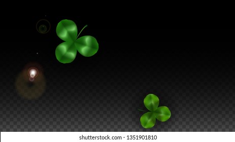 Vector Clover Leaf  Isolated on Transparent Background with Space for Text. St. Patrick's Day Illustration. Ireland's Lucky Shamrock Poster. Invintation for Concert in Pub. Top View.  Success Symbols.