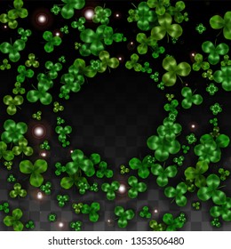 Vector Clover Leaf  Isolated on Transparent Background with Space for Text. St. Patrick's Day Illustration. Ireland's Lucky Shamrock Poster. Banner for Irish Party Top View.  Success Symbols.