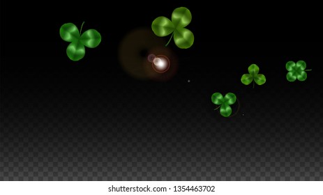 Vector Clover Leaf  Isolated on Transparent Background with Space for Text. St. Patrick's Day Illustration. Ireland's Lucky Shamrock Poster. Invintation for Concert in Pub. Flatlay.  Success Symbols.