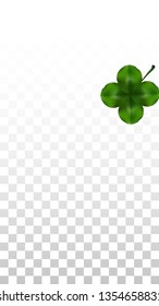 Vector Clover Leaf  Isolated on Transparent Background with Space for Text. St. Patrick's Day Illustration. Ireland's Lucky Shamrock Poster. Invintation for Concert in Pub. Top View.  Success Symbols.