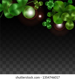 Vector Clover Leaf  Isolated on Transparent Background with Space for Text. St. Patrick's Day Illustration. Ireland's Lucky Shamrock Poster. Banner for Irish Party Top View.  Success Symbols.