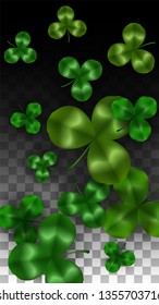 Vector Clover Leaf  Isolated on Transparent Background with Space for Text. St. Patrick's Day Illustration. Ireland's Lucky Shamrock Poster. Banner for Irish Party Top View.  Success Symbols.