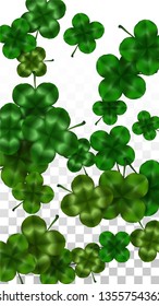 Vector Clover Leaf  Isolated on Transparent Background with Space for Text. St. Patrick's Day Illustration. Ireland's Lucky Shamrock Poster. Invintation for Irish Party Top View.  Success Symbols.