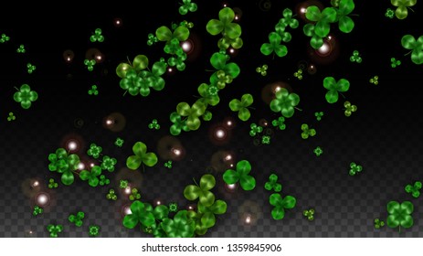 Vector Clover Leaf  Isolated on Transparent Background with Space for Text. St. Patrick's Day Illustration. Ireland's Lucky Shamrock Poster. Banner for Concert in Pub. Top View.  Success Symbols.