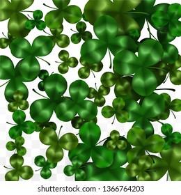 Vector Clover Leaf  Isolated on Transparent Background with Space for Text. St. Patrick's Day Illustration. Ireland's Lucky Shamrock Poster. Banner for Concert in Pub. Top View.  Success Symbols.