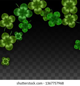 Vector Clover Leaf  Isolated on Transparent Background with Space for Text. St. Patrick's Day Illustration. Ireland's Lucky Shamrock Poster. Banner for Irish Party Top View.  Success Symbols.