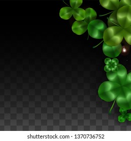 Vector Clover Leaf  Isolated on Transparent Background with Space for Text. St. Patrick's Day Illustration. Ireland's Lucky Shamrock Poster. Banner for Concert in Pub. Flatlay.  Success Symbols.