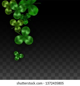 Vector Clover Leaf  Isolated on Transparent Background with Space for Text. St. Patrick's Day Illustration. Ireland's Lucky Shamrock Poster. Invintation for Concert in Pub. Top View.  Success Symbols.