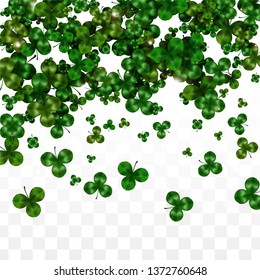Vector Clover Leaf  Isolated on Transparent Background with Space for Text. St. Patrick's Day Illustration. Ireland's Lucky Shamrock Poster. Banner for Concert in Pub. Top View.  Success Symbols.