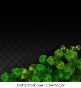 Vector Clover Leaf  Isolated on Transparent Background with Space for Text. St. Patrick's Day Illustration. Ireland's Lucky Shamrock Poster. Banner for Concert in Pub. Flatlay.  Success Symbols.