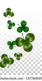 Vector Clover Leaf  Isolated on Transparent Background with Space for Text. St. Patrick's Day Illustration. Ireland's Lucky Shamrock Poster. Banner for Irish Party Top View.  Success Symbols.