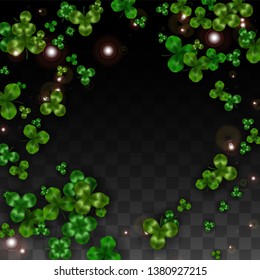 Vector Clover Leaf  Isolated on Transparent Background with Space for Text. St. Patrick's Day Illustration. Ireland's Lucky Shamrock Poster. Banner for Irish Party Top View.  Success Symbols.