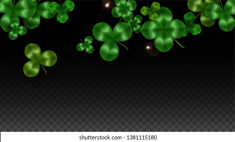 Vector Clover Leaf  Isolated on Transparent Background with Space for Text. St. Patrick's Day Illustration. Ireland's Lucky Shamrock Poster. Banner for Concert in Pub. Flatlay.  Success Symbols.