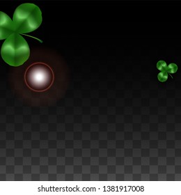 Vector Clover Leaf  Isolated on Transparent Background with Space for Text. St. Patrick's Day Illustration. Ireland's Lucky Shamrock Poster. Invintation for Concert in Pub. Flatlay.  Success Symbols.