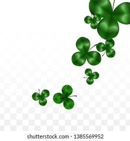 Vector Clover Leaf  Isolated on Transparent Background with Space for Text. St. Patrick's Day Illustration. Ireland's Lucky Shamrock Poster. Invintation for Irish Party Flatlay.  Success Symbols.