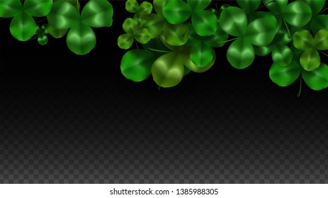 Vector Clover Leaf  Isolated on Transparent Background with Space for Text. St. Patrick's Day Illustration. Ireland's Lucky Shamrock Poster. Banner for Concert in Pub. Top View.  Success Symbols.