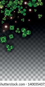 Vector Clover Leaf  Isolated on Transparent Background with Space for Text. St. Patrick's Day Illustration. Ireland's Lucky Shamrock Poster. Invintation for Concert in Pub. Flatlay.  Success Symbols.