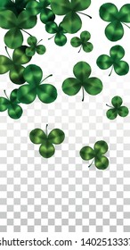 Vector Clover Leaf  Isolated on Transparent Background with Space for Text. St. Patrick's Day Illustration. Ireland's Lucky Shamrock Poster. Banner for Concert in Pub. Top View.  Success Symbols.