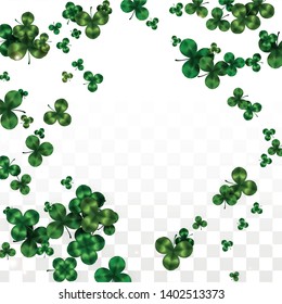 Vector Clover Leaf  Isolated on Transparent Background with Space for Text. St. Patrick's Day Illustration. Ireland's Lucky Shamrock Poster. Banner for Concert in Pub. Top View.  Success Symbols.