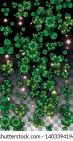 Vector Clover Leaf  Isolated on Transparent Background with Space for Text. St. Patrick's Day Illustration. Ireland's Lucky Shamrock Poster. Invintation for Concert in Pub. Top View.  Success Symbols.