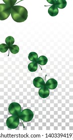 Vector Clover Leaf  Isolated on Transparent Background with Space for Text. St. Patrick's Day Illustration. Ireland's Lucky Shamrock Poster. Invintation for Irish Party Top View.  Success Symbols.