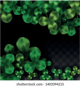 Vector Clover Leaf  Isolated on Transparent Background with Space for Text. St. Patrick's Day Illustration. Ireland's Lucky Shamrock Poster. Invintation for Concert in Pub. Top View.  Success Symbols.