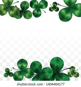 Vector Clover Leaf  Isolated on Transparent Background with Space for Text. St. Patrick's Day Illustration. Ireland's Lucky Shamrock Poster. Invintation for Irish Party Top View.  Success Symbols.