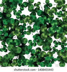 Vector Clover Leaf  Isolated on Transparent Background with Space for Text. St. Patrick's Day Illustration. Ireland's Lucky Shamrock Poster. Banner for Concert in Pub. Flatlay.  Success Symbols.