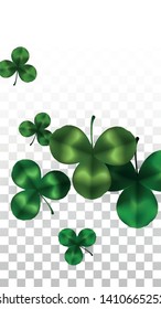 Vector Clover Leaf  Isolated on Transparent Background with Space for Text. St. Patrick's Day Illustration. Ireland's Lucky Shamrock Poster. Banner for Irish Party Top View.  Success Symbols.