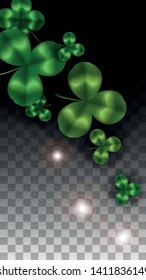 Vector Clover Leaf  Isolated on Transparent Background with Space for Text. St. Patrick's Day Illustration. Ireland's Lucky Shamrock Poster. Invintation for Concert in Pub. Top View.  Success Symbols.