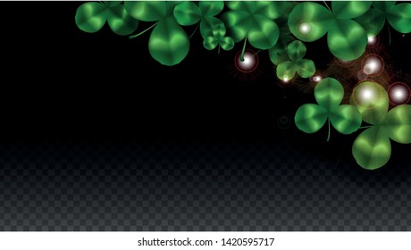 Vector Clover Leaf  Isolated on Transparent Background with Space for Text. St. Patrick's Day Illustration. Ireland's Lucky Shamrock Poster. Banner for Irish Party Top View.  Success Symbols.