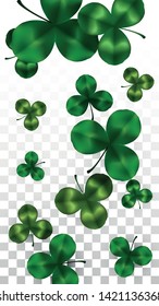 Vector Clover Leaf  Isolated on Transparent Background with Space for Text. St. Patrick's Day Illustration. Ireland's Lucky Shamrock Poster. Banner for Concert in Pub. Top View.  Success Symbols.