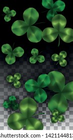 Vector Clover Leaf  Isolated on Transparent Background with Space for Text. St. Patrick's Day Illustration. Ireland's Lucky Shamrock Poster. Invintation for Concert in Pub. Top View.  Success Symbols.