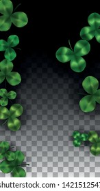 Vector Clover Leaf  Isolated on Transparent Background with Space for Text. St. Patrick's Day Illustration. Ireland's Lucky Shamrock Poster. Invintation for Irish Party Flatlay.  Success Symbols.