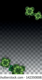 Vector Clover Leaf  Isolated on Transparent Background with Space for Text. St. Patrick's Day Illustration. Ireland's Lucky Shamrock Poster. Banner for Concert in Pub. Top View.  Success Symbols.